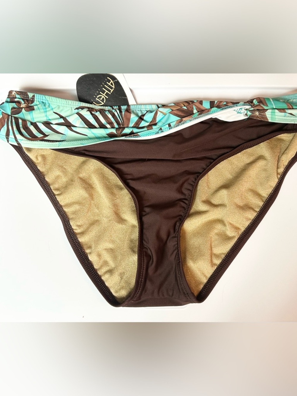 Sale Athena Brown Bikini Bottom with Turquoise Leaf Waistband Size 14 NWT